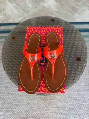 Tory Burch Orange Leather Miller Thong Sandals with Gold Logo